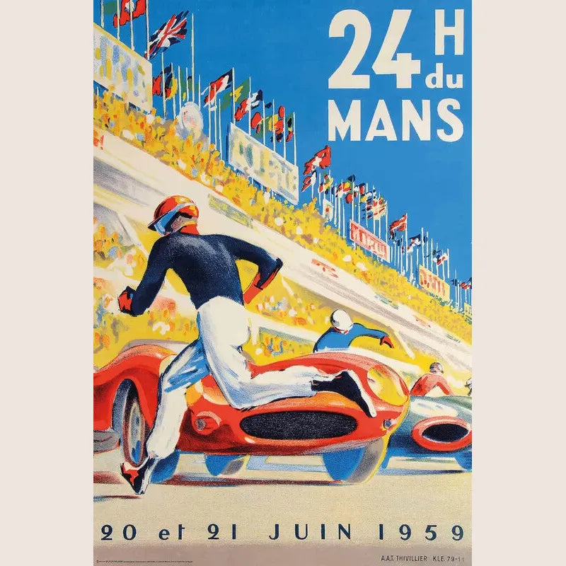 Trykt plakat fra 24 Hours of Le Mans 1959 med klassisk racerløbsmotiv. En hyldest til motorsportens guldalder.