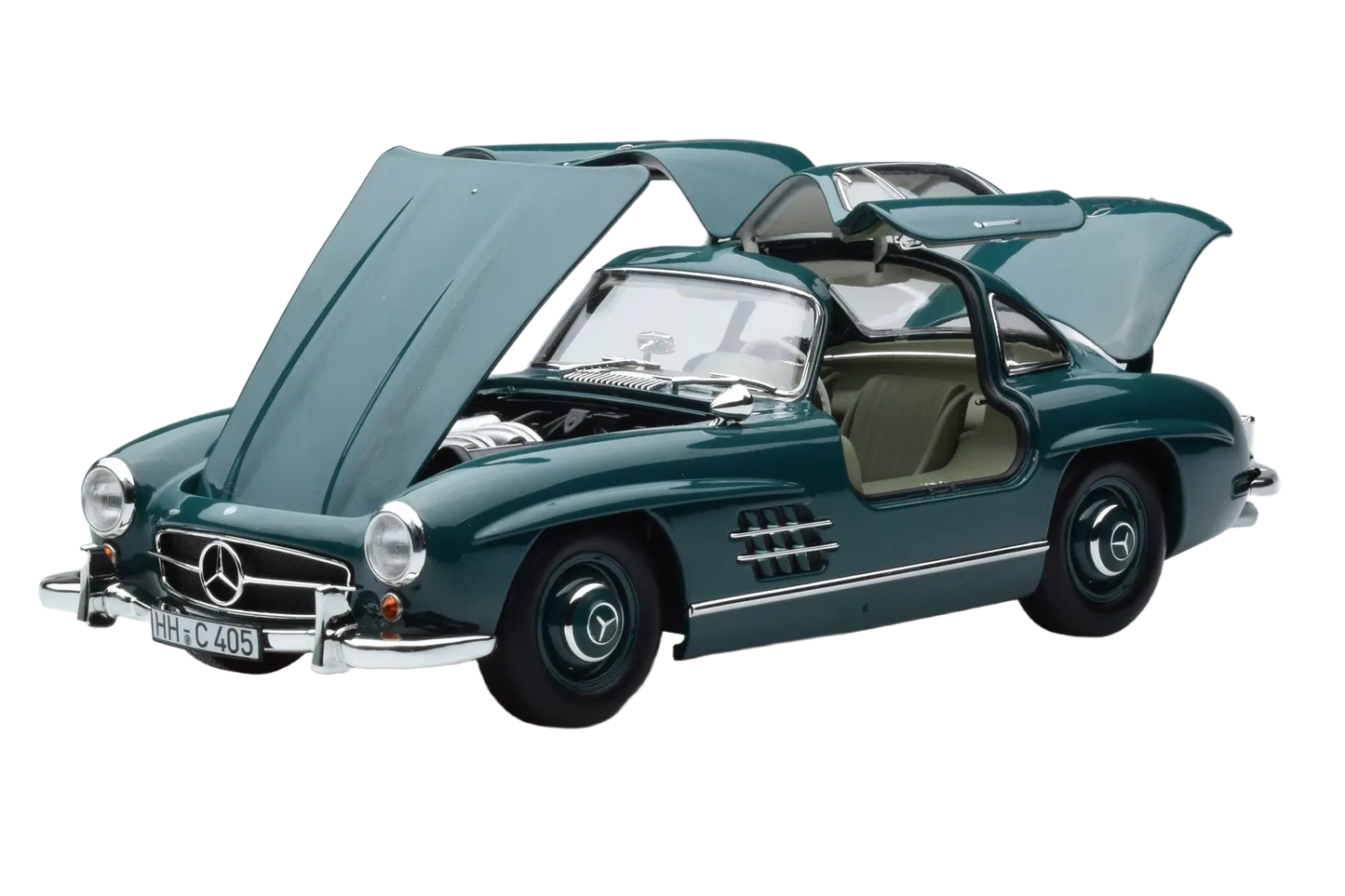 Detaljeret modelbil i skala 1:18 af den klassiske Mercedes-Benz 300 SL fra 1954. Fremstillet af Norev med autentisk design og ikoniske mågevingedøre.
