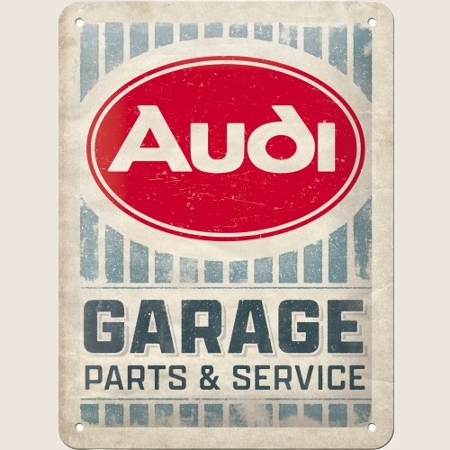 Audi Garage "Parts and Services" Metalskilt – Retro metalplade 15×20 cm med klassisk Audi garage-tekst og logo. Perfekt til værkstedsindretning eller som dekorativt samlerobjekt.