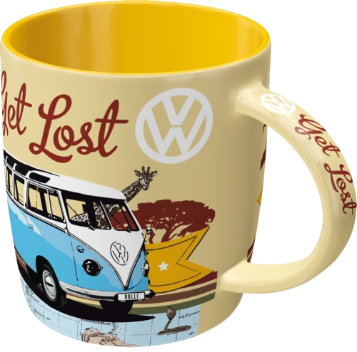 VW Bulli "Let’s Get Lost" Krus – Keramik krus med ikonisk VW Bulli-motiv og teksten "Let’s Get Lost". Ideel til kaffe- og teelskere samt VW-entusiaster.