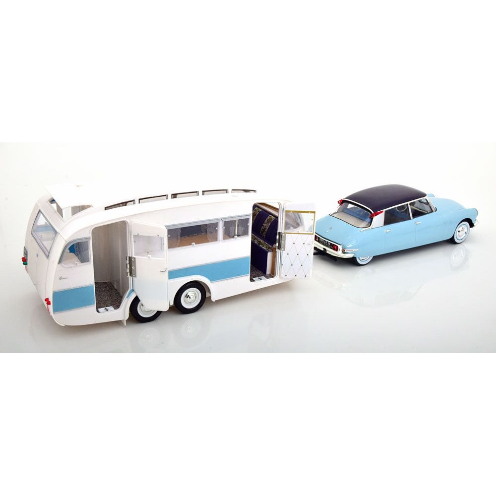 Citroen DS 19 1959 + Caravane 1:18 Norev – Detaljeret model af Citroën DS 19 fra 1959 med en tilhørende campingvogn.
