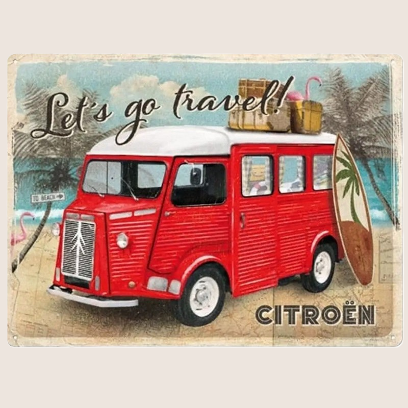 Citroën Type H “Let’s Go Travel” tin-skilt 30 × 40 cm – retro metalplade med præget reliefmotiv af den klassiske Citroën Type H van ved kysten, teksten “Let’s Go Travel” i vintage-stil. Inspireret af Nostalgic Art – perfekt til garage eller feriehjem.