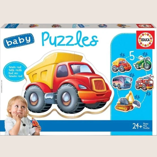 Educa Baby 5 Puzzles Vehicles – Puslespil med 5 forskellige køretøjsmotiver til små børn.