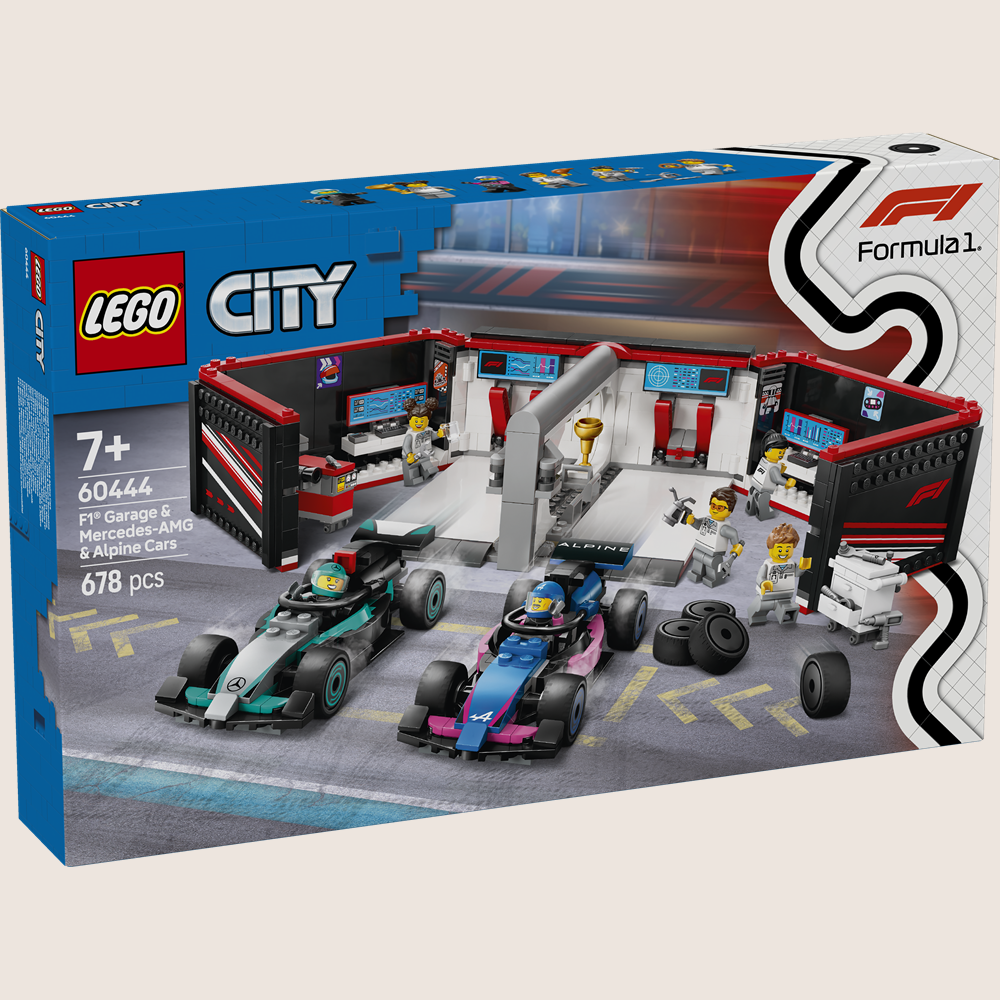 LEGO City F1 Garage Mercedes AMG & Alpine Biler – LEGO-sæt med Formel 1-garage og to F1-racere fra Mercedes-AMG og Alpine.