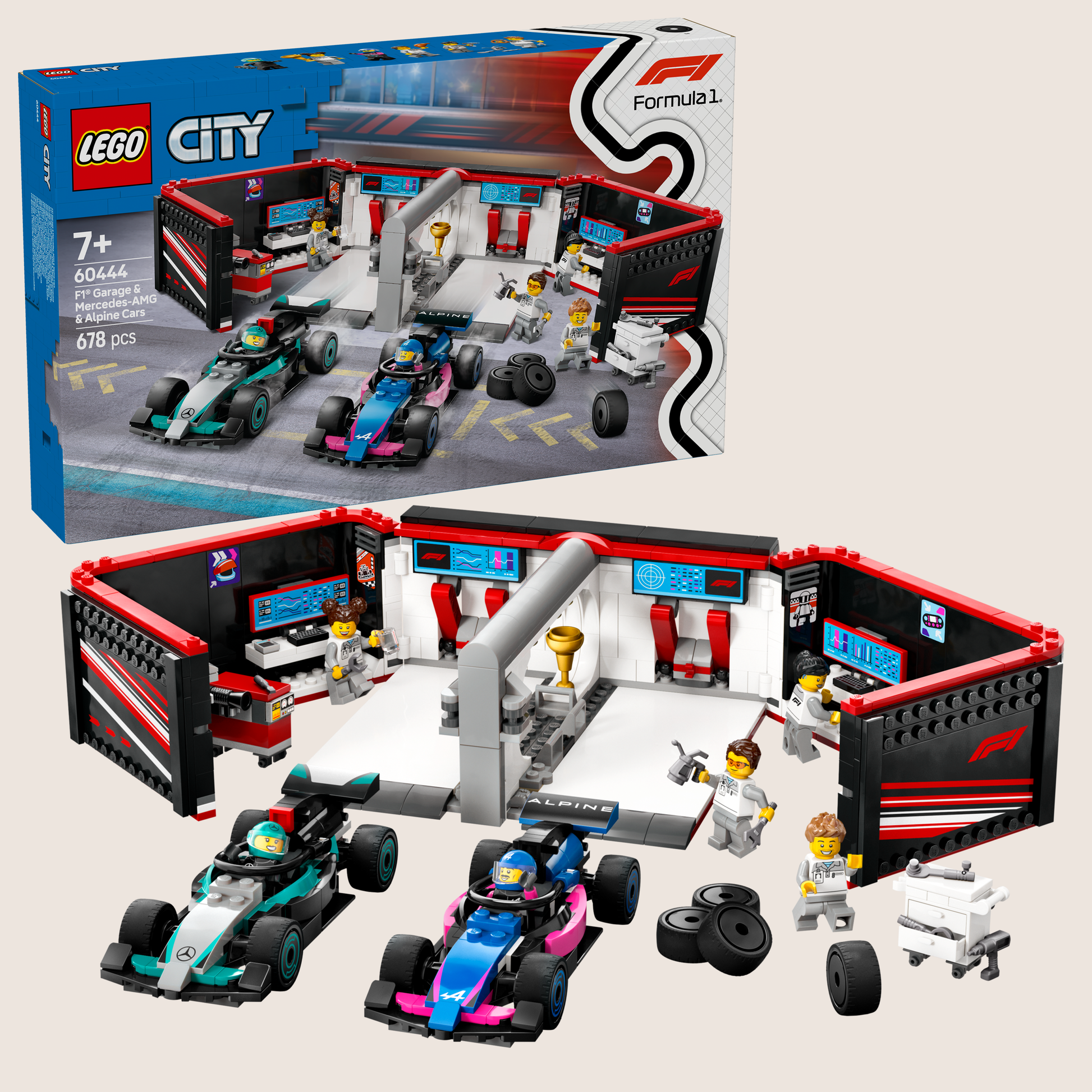 LEGO City F1 Garage Mercedes AMG & Alpine Biler – LEGO-sæt med Formel 1-garage og to F1-racere fra Mercedes-AMG og Alpine.