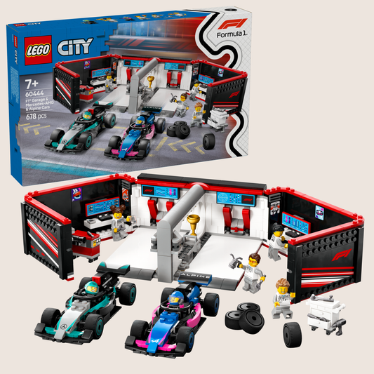 LEGO City F1 Garage Mercedes AMG & Alpine Biler – LEGO-sæt med Formel 1-garage og to F1-racere fra Mercedes-AMG og Alpine.