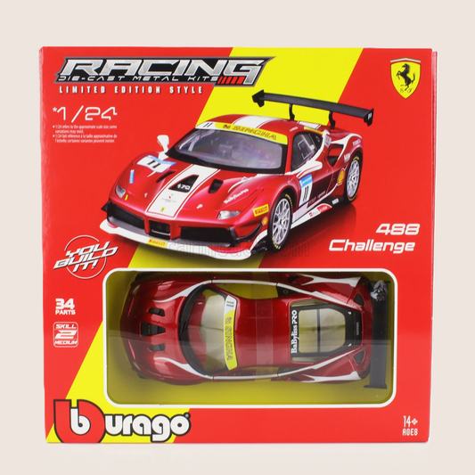 Bburago Ferrari 488 Challenge 1:24 – byggesætmodel i metal/plast med klare detaljer, inklusiv åbne dele som døre og motorrum. Inspireret af Ferrari Challenge-racerbil #11 fra 2017, perfekt til samlere og motorsportsentusiaster.