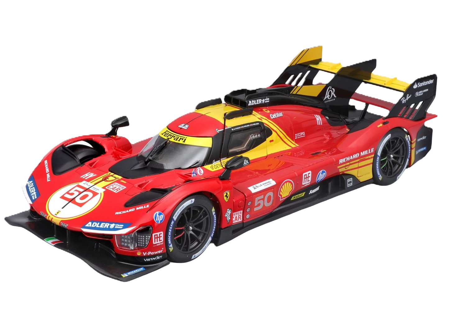 Bburago Ferrari 499P N°50 2024 1:18 – Diecast-model af Ferrari 499P Hypercar, vinder af 2024 24-timers Le Mans (#50 AF Corse) med åbne døre og motorhjelm. Skala 1:18, leveret med udstillingskasse.