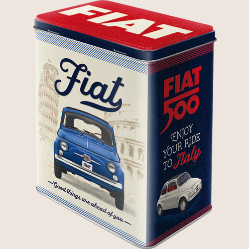 FIAT Tin Dåse – Nostalgic Art – Dekorativ metaldåse med klassisk FIAT-design. Ideel til opbevaring og retroinspireret indretning.