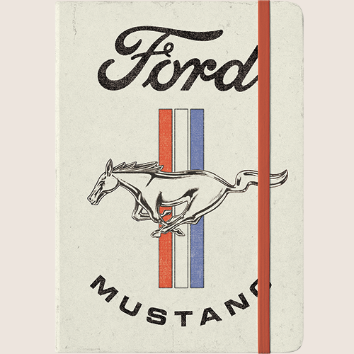 Ford Mustang "Horse and Stripes" Notebook fra Nostalgic Art – stilfuld notesbog med klassisk Mustang-motiv, perfekt til bilentusiaster og fans af amerikansk bilkultur.