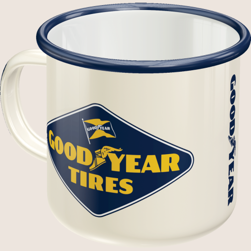 Goodyear krus - Emalje – Retro Goodyear emaljekrus, perfekt til bilentusiaster og samlere.