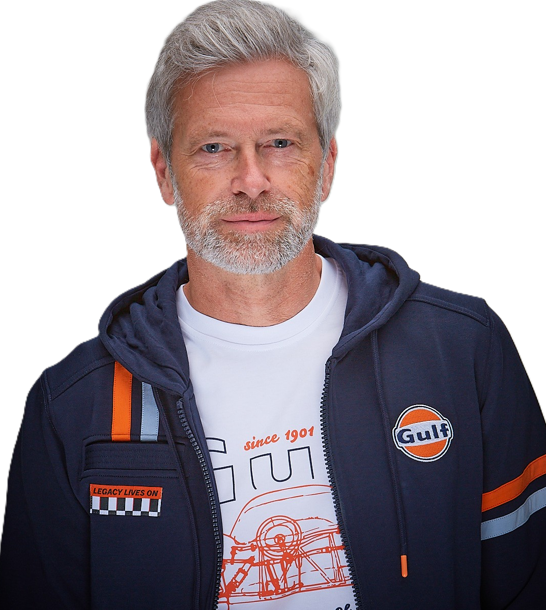 Gulf Hybrid Hoody Navy fra GrandPrix Originals med racing-striber og broderet Gulf-logo