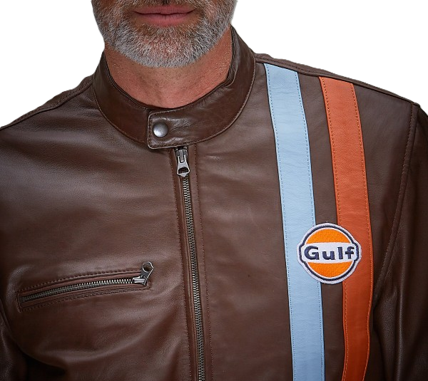 Gulf Roadmaster Choco læderjakke fra GrandPrix Originals i brun med klassiske Gulf-detaljer