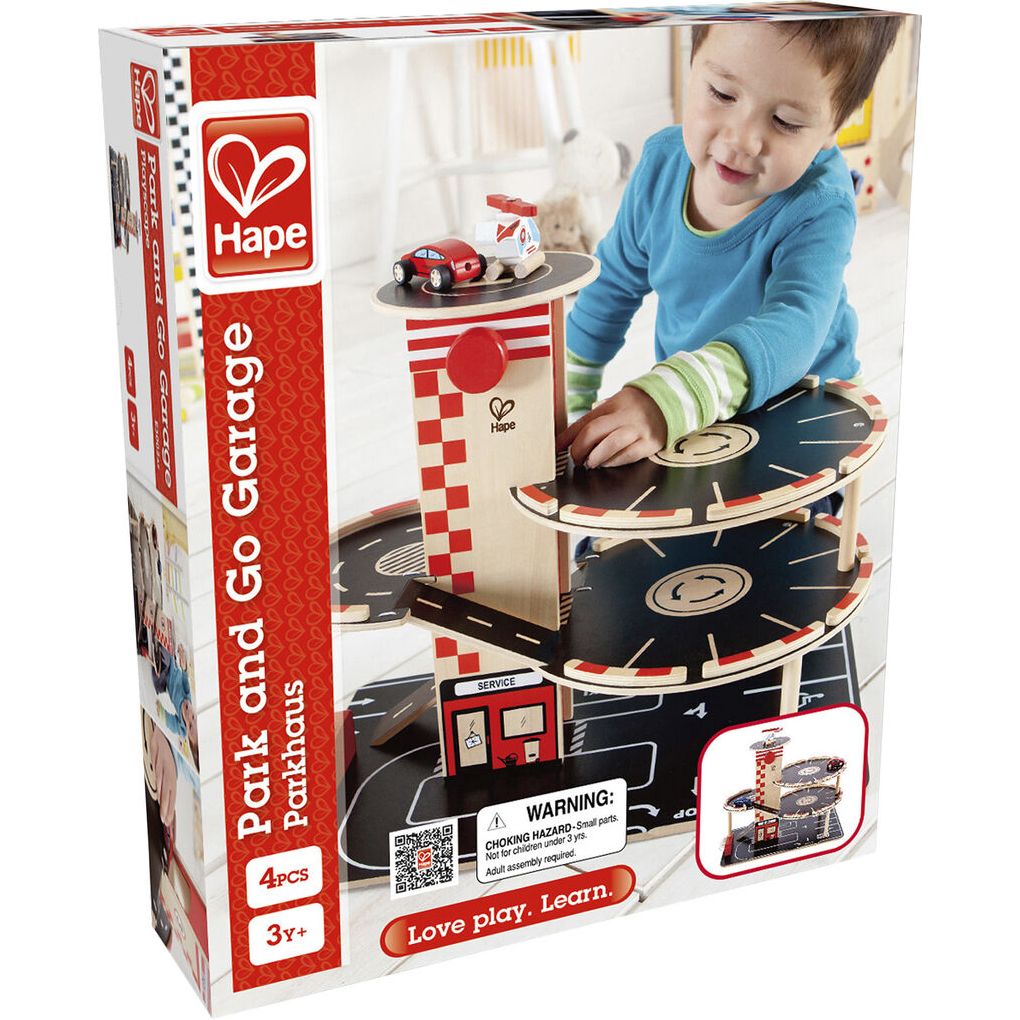 Hape Park & Go Garage – Stor garage med flere niveauer til legetøjsbiler.