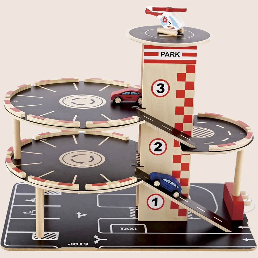 Hape Park & Go Garage – Stor garage med flere niveauer til legetøjsbiler.