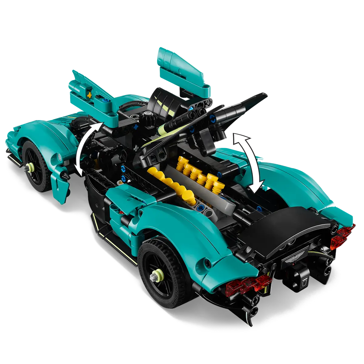 LEGO Technic 42208 Aston Martin Valkyrie – detaljeret 1:24 Technic-model med 707 dele, teal og sort finish, funktionelle gullwing-døre, bevægelige hydrauliske stempler i V12-motoren, topstyret rattet, hætte der åbner, motorcover der løftes og differentiale – autentisk reproduktion af den aerodynamiske superbil