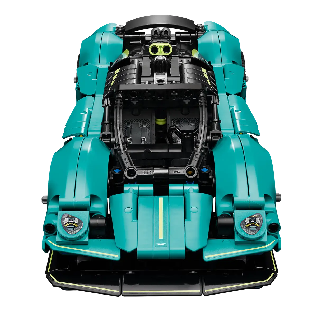 LEGO Technic 42208 Aston Martin Valkyrie – detaljeret 1:24 Technic-model med 707 dele, teal og sort finish, funktionelle gullwing-døre, bevægelige hydrauliske stempler i V12-motoren, topstyret rattet, hætte der åbner, motorcover der løftes og differentiale – autentisk reproduktion af den aerodynamiske superbil