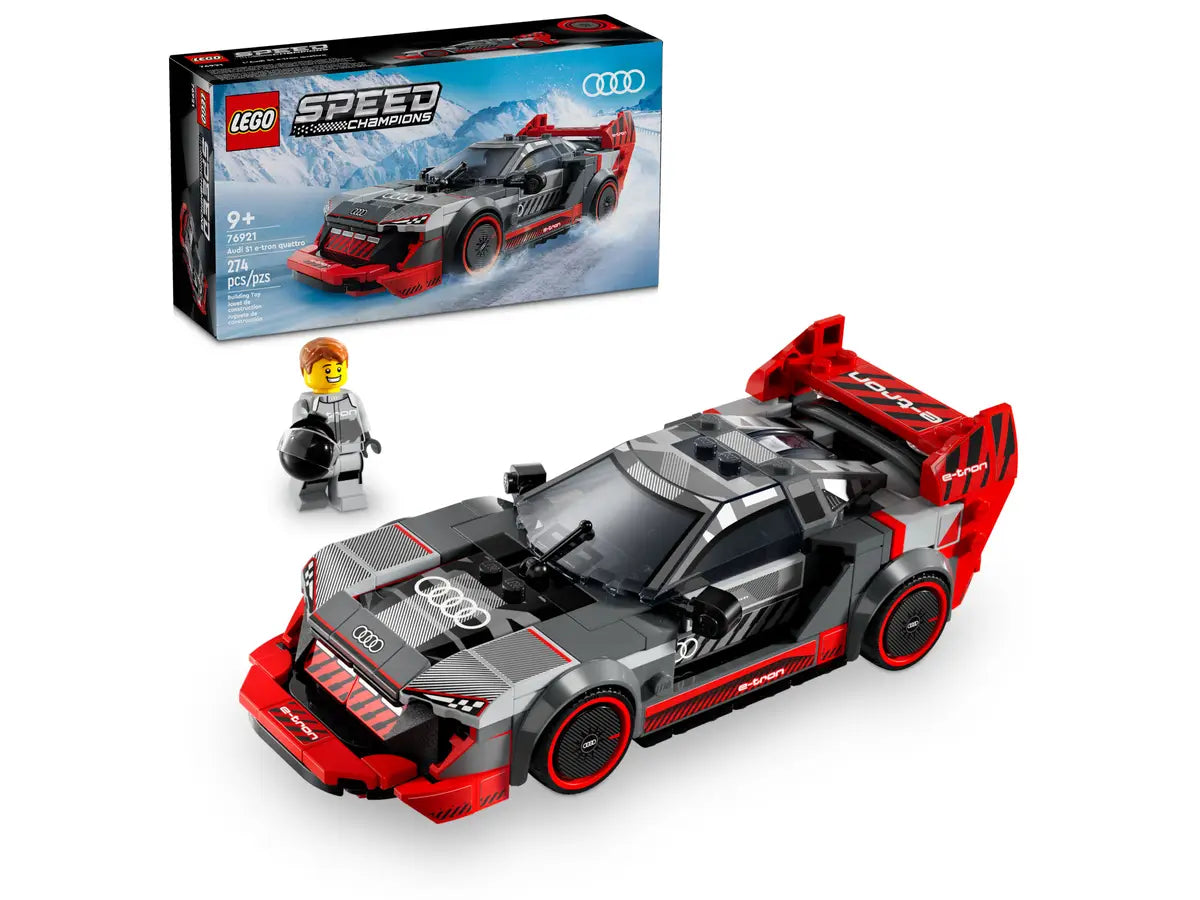 LEGO Speed Champions Audi S1 e‑tron quattro Race Car 76921 – Detaljeret 1:~~ modellering af Audi S1 e‑tron quattro som Speed Champions-sæt. Inkluderer stor bagvinge, diffuser, luftindtag, aftageligt tag og minifigur med hjelm. Designet til samle- og legeområde for børn og voksne