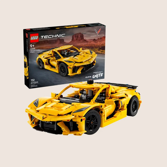 LEGO Technic Chevrolet Corvette Stingray 42205 – 1:24 skalamodel med bevægelige døre, åben motorhjelm, 8-cylindret motor, differentiale og fungerende styring. En autentisk bygge- og udstillingsmodel fra LEGO Technic‑serien.