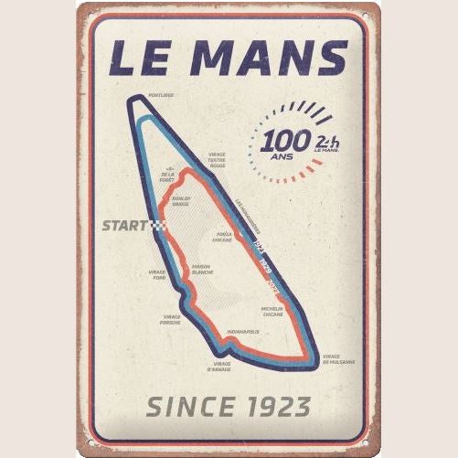 Nostalgic-Art 24H Le Mans 100 Års Jubilæum Skilt – Dekorativt metalsskilt, der fejrer 100-års jubilæet for det legendariske 24-timers Le Mans-løb. Perfekt til motorsportsfans og samlere.