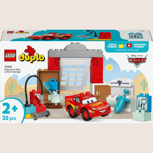 Lego Duplo “Lynet McQueen besøg i Docs værksted” – farverigt Duplo-sæt med Lynet McQueen og Doc Hudson i deres værksted. Perfekt til små bil-entusiaster og kreativ leg.