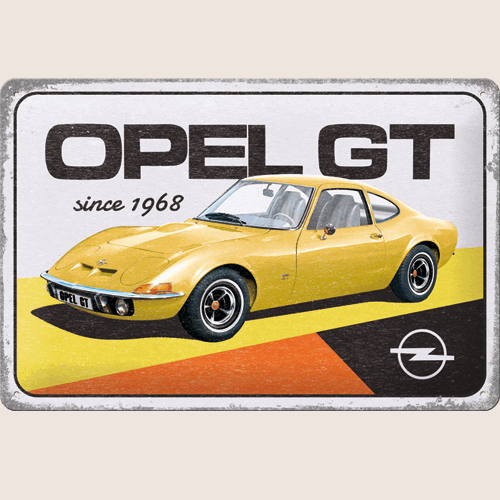 Nostalgic-Art Opel GT Skilt – Vintage metalplade med motiv af den klassiske Opel GT. Perfekt til garagen, værkstedet eller samlingen af bilentusiasten.