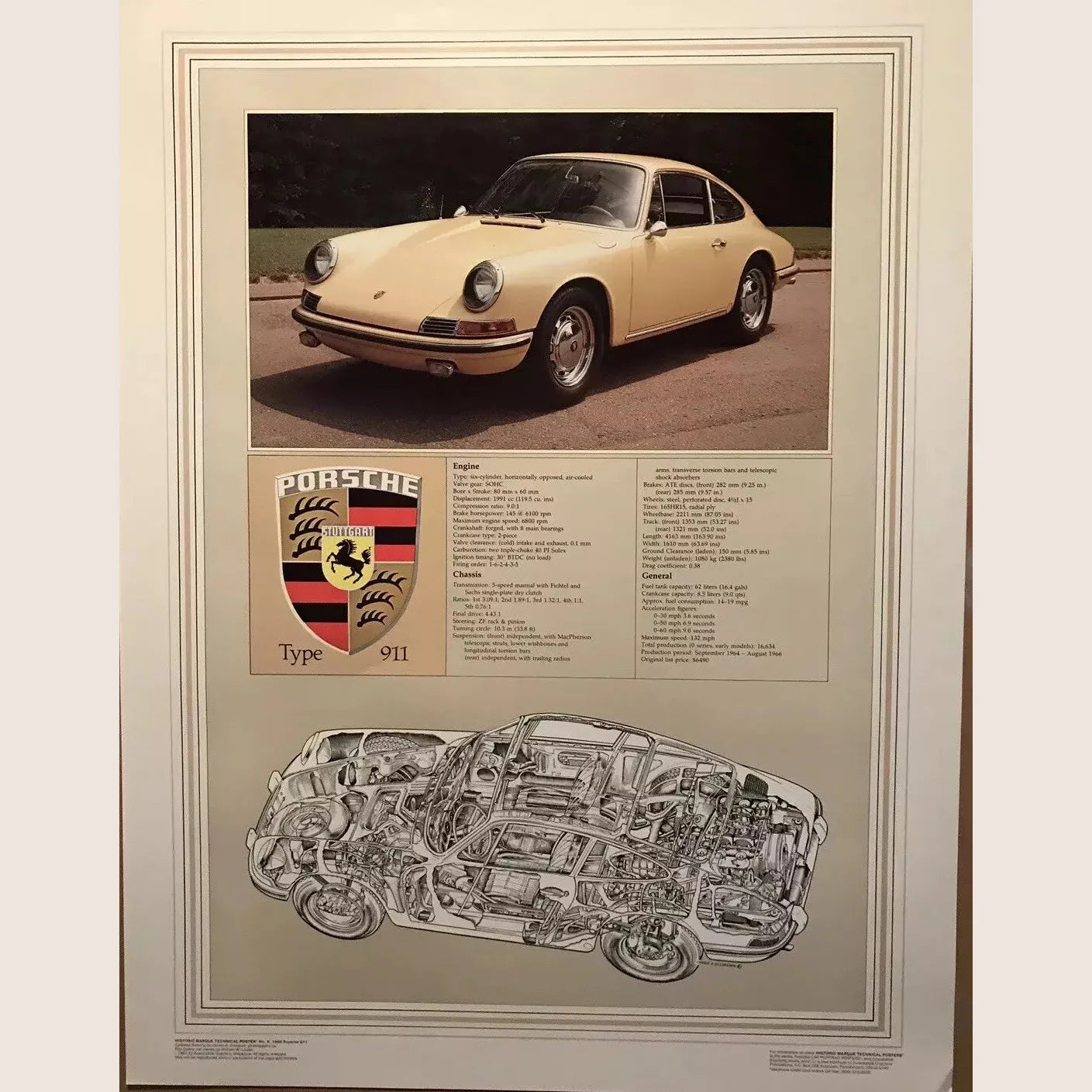 1965 Porsche 911 Cutaway - James Allington – Detaljeret illustration af den klassiske 1965 Porsche 911 i cutaway-stil af James Allington, der viser bilens indre mekanik og design. Perfekt til Porsche-entusiaster og bilhistorikere.