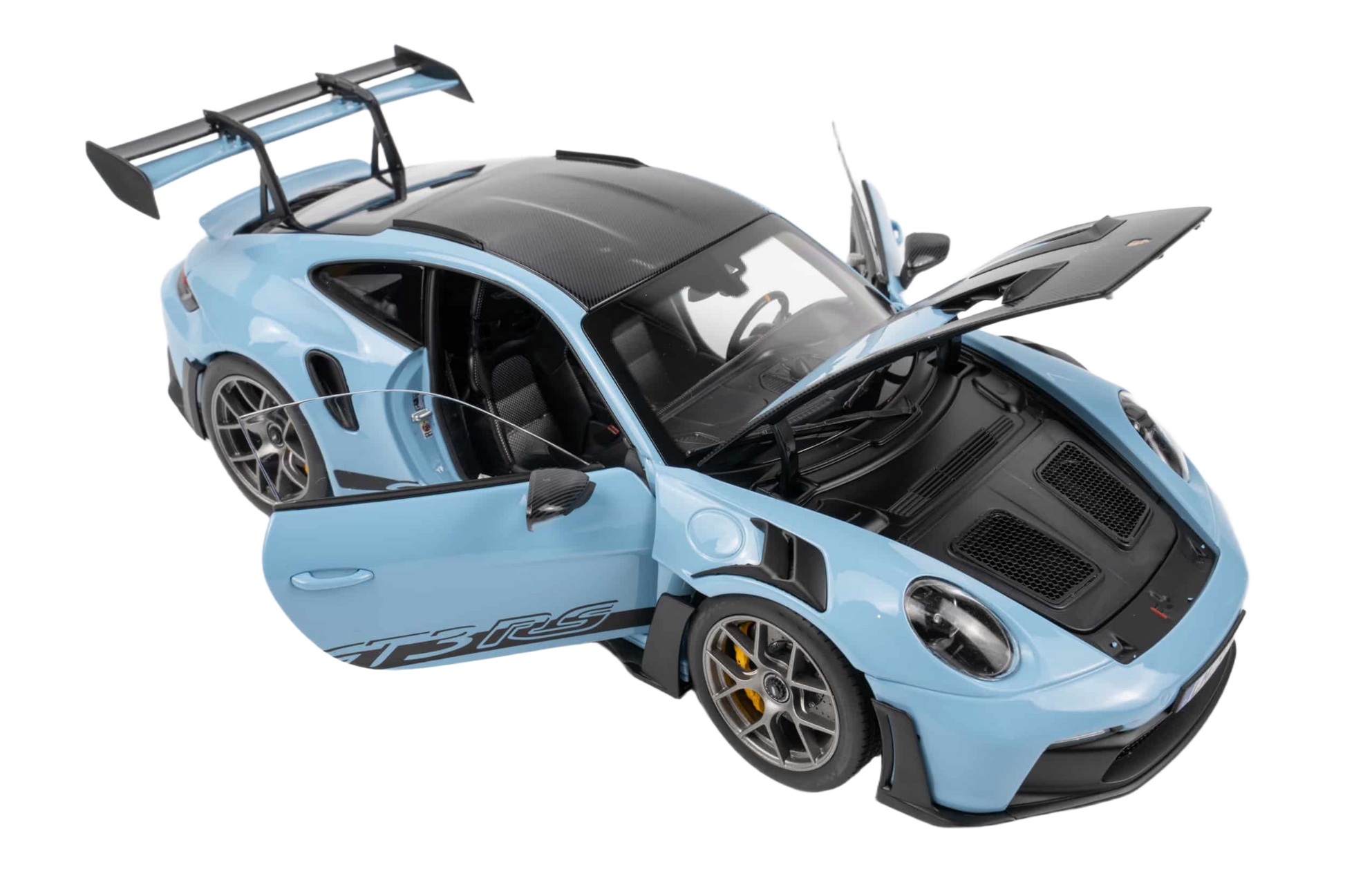 Porsche 911 GT3 RS 2022 1:12 model i Weissach Light Blue fra Norev med detaljeret karrosseri og realistisk interiør