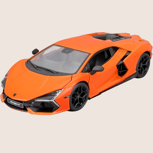 Bburago Lamborghini Revuelto 1:24 – detaljeret diecast-model i orange med åbne døre og motorhjelm. Perfekt til samlere og motorsportsentusiaster.