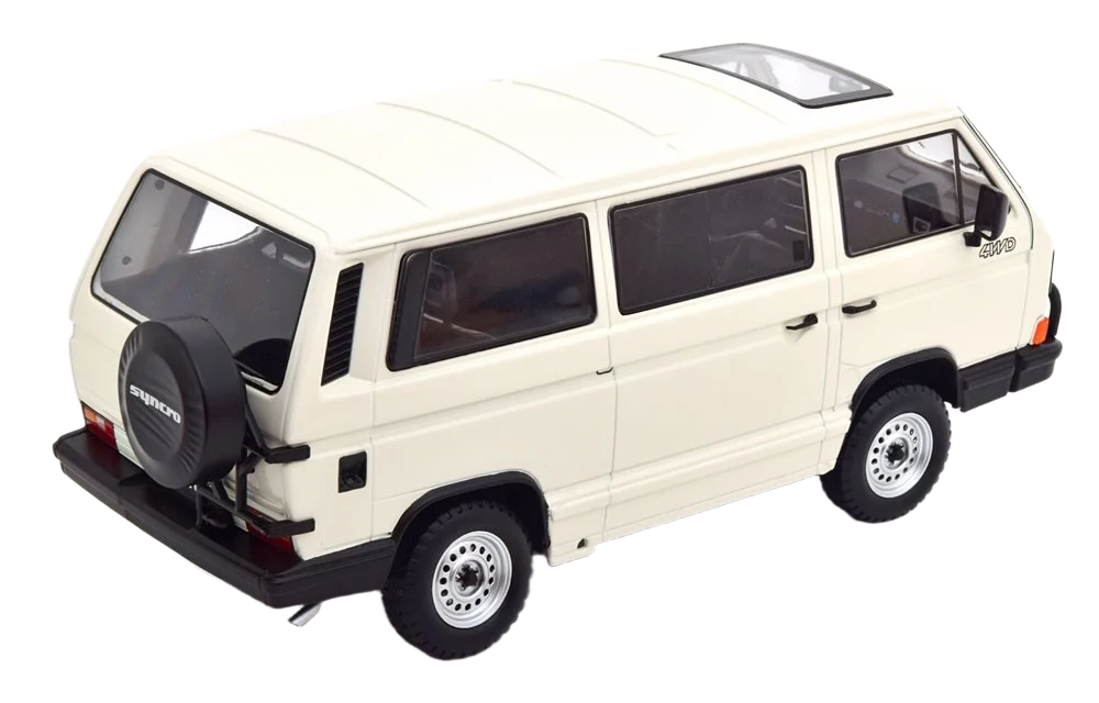 Detaljeret 1:18 skalamodel af Volkswagen Bus T3 Syncro 1987 i hvid. Officielt licenseret VW-produkt med autentiske interiørdetaljer og drejelige forhjul.