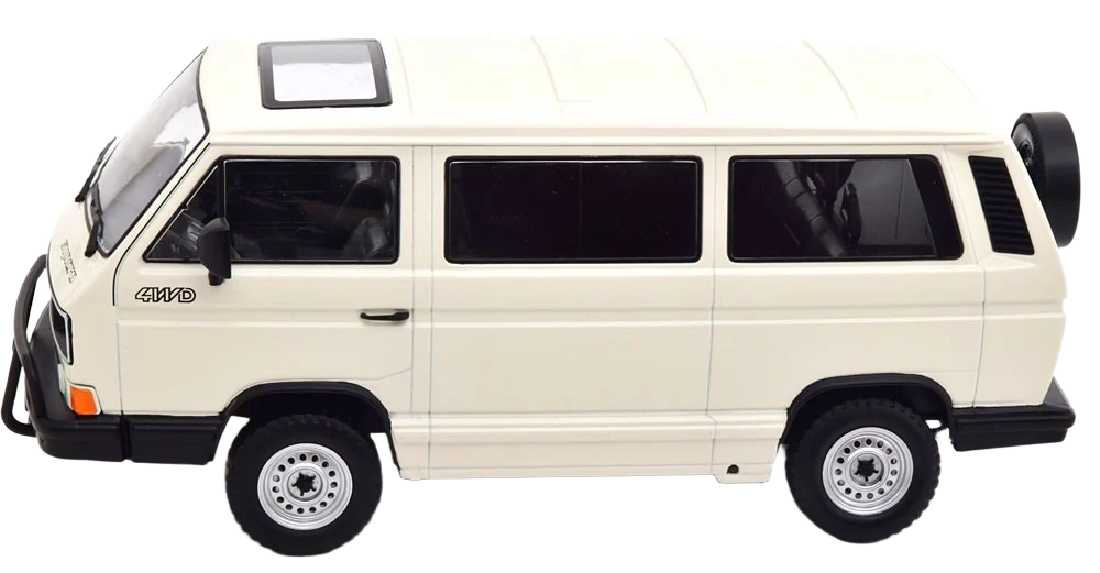 Detaljeret 1:18 skalamodel af Volkswagen Bus T3 Syncro 1987 i hvid. Officielt licenseret VW-produkt med autentiske interiørdetaljer og drejelige forhjul.