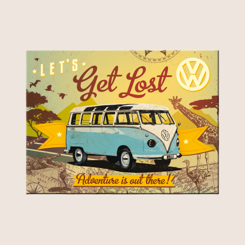 VW Bulli âLetâs Get Lostâ Magnet â RektangulĂŚr metalmagnet med farverigt Bulli-design og teksten âLetâs Get Lostâ. Et nostalgisk accessory fra NostalgicâŻArt, perfekt til køleskab, vĂŚrksted eller bilentusiastens samling.