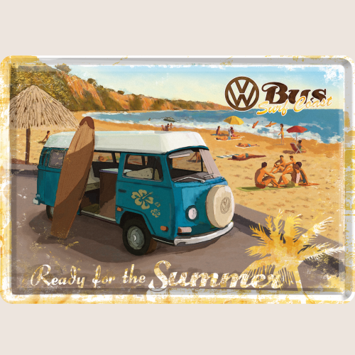 Retro VW Bulli metalpostkort med sommerligt strandmotiv – officielt licenseret Volkswagen-design. Perfekt til bilentusiaster og nostalgikere. Leveres med konvolut.