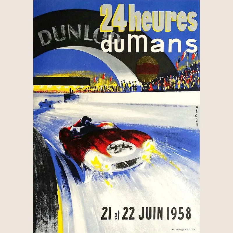 Trykt plakat med motiv fra 24 Heures du Mans 1960, der viser klassiske racerbiler ved løbsstart. Historisk og ikonisk motorsportsevent.