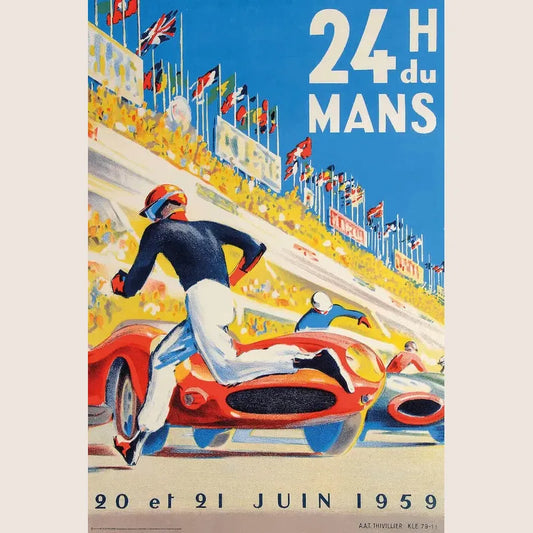Trykt plakat fra 24 Hours of Le Mans 1959 med klassisk racerløbsmotiv. En hyldest til motorsportens guldalder.