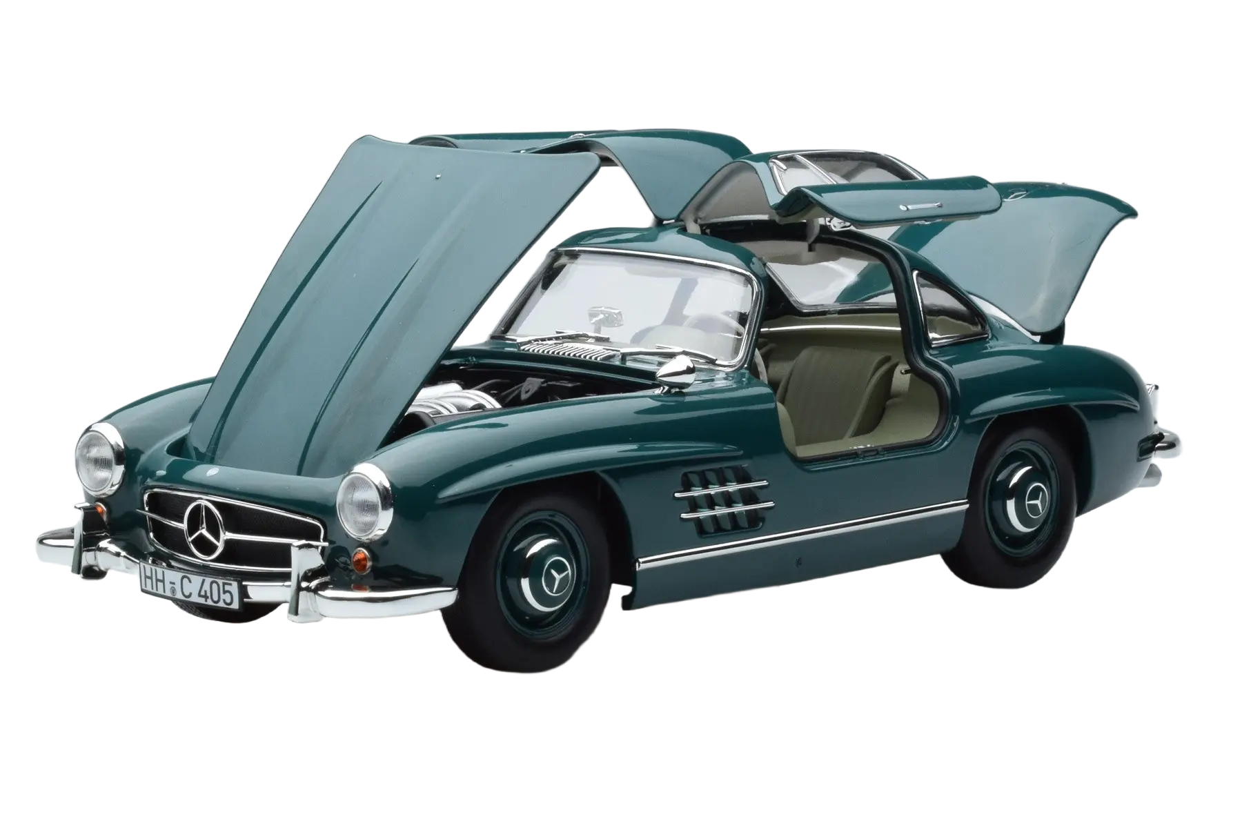Detaljeret modelbil i skala 1:18 af den klassiske Mercedes-Benz 300 SL fra 1954. Fremstillet af Norev med autentisk design og ikoniske mågevingedøre.