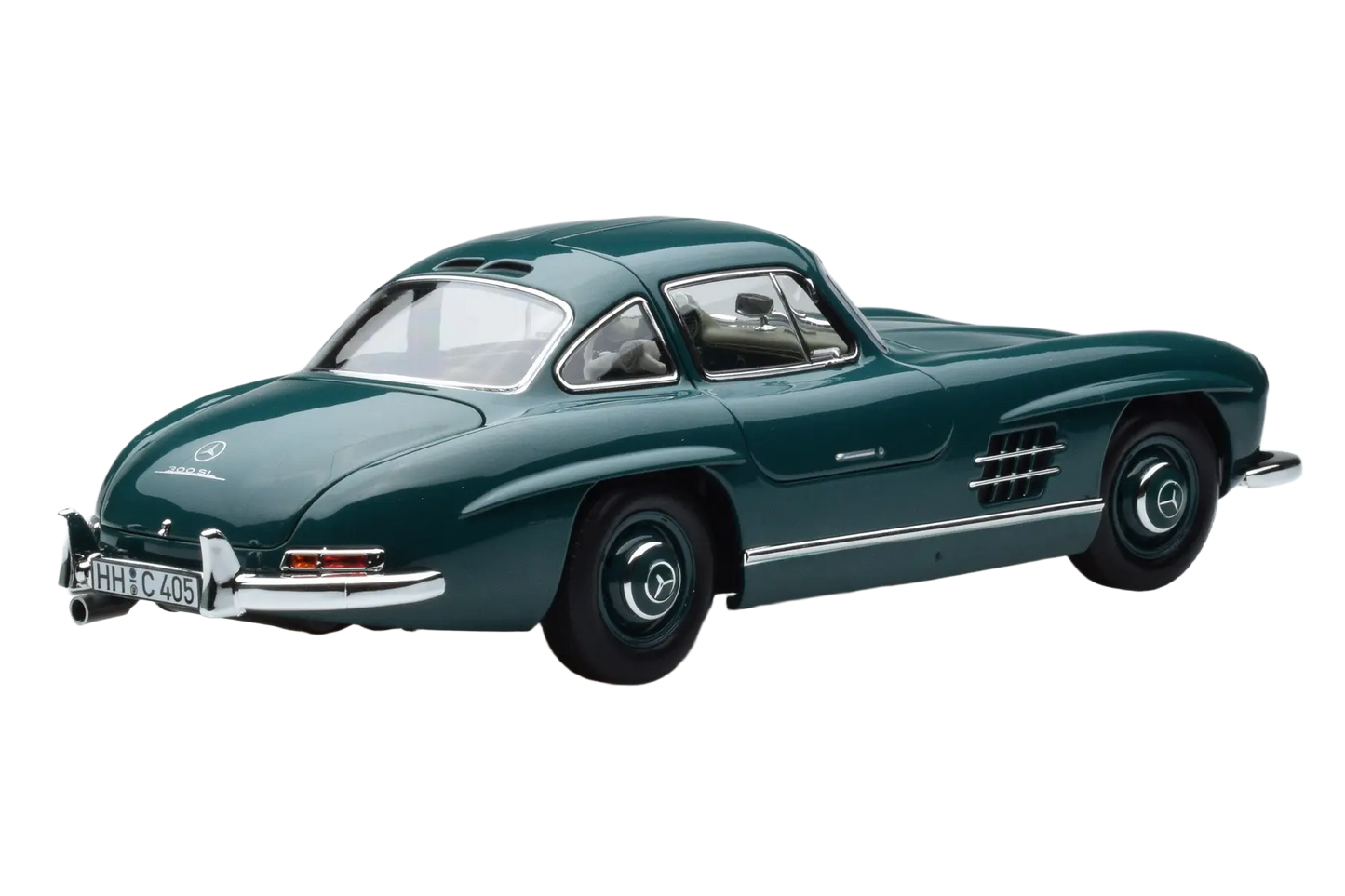 Detaljeret modelbil i skala 1:18 af den klassiske Mercedes-Benz 300 SL fra 1954. Fremstillet af Norev med autentisk design og ikoniske mågevingedøre.