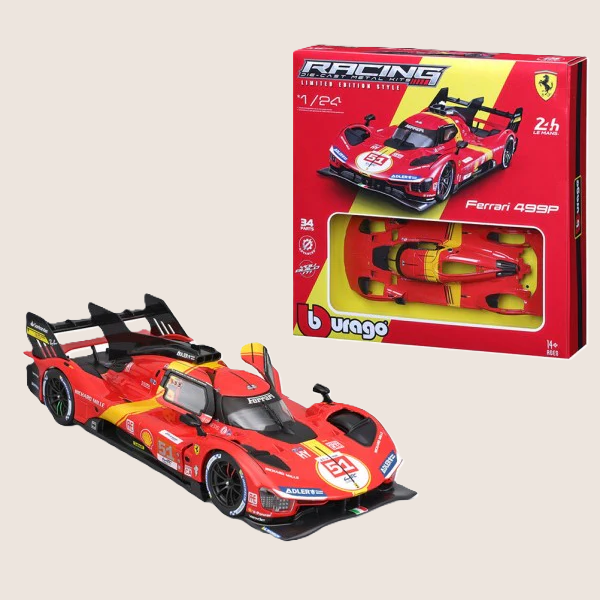 Bburago 1:24 Ferrari 499P LMH Model Kit – byggesæt med 34 dele af Le Mans 2023-vinderen. Detaljeret model i skala 1:24, perfekt for samlere og motorsportsfans.