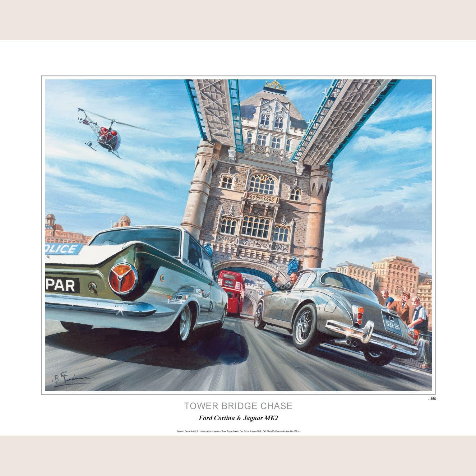 Tower Bridge Chase - 60x50 - Spændende kunsttryk af Tower Bridge chase, et perfekt motiv for bilactionfans.
