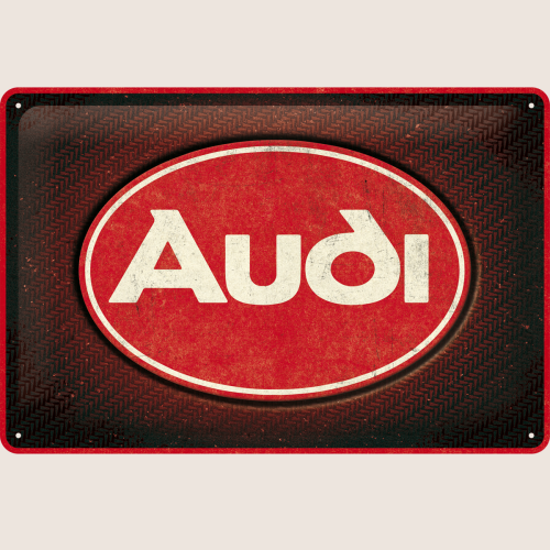 Audi Red Shine Logo Metalskilt fra Nostalgic Art – retro metalplade med glinsende rød Audi-ringlogo på hvid baggrund. Perfekt til dekoration i garagen eller som samlerobjekt til Audi-entusiaster.