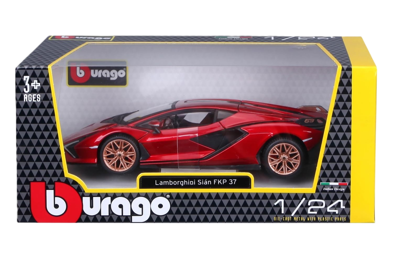 Bburago Lamborghini Sián FKP 37 1:24 bilmodel i rød med detaljeret og autentisk Lamborghini-design