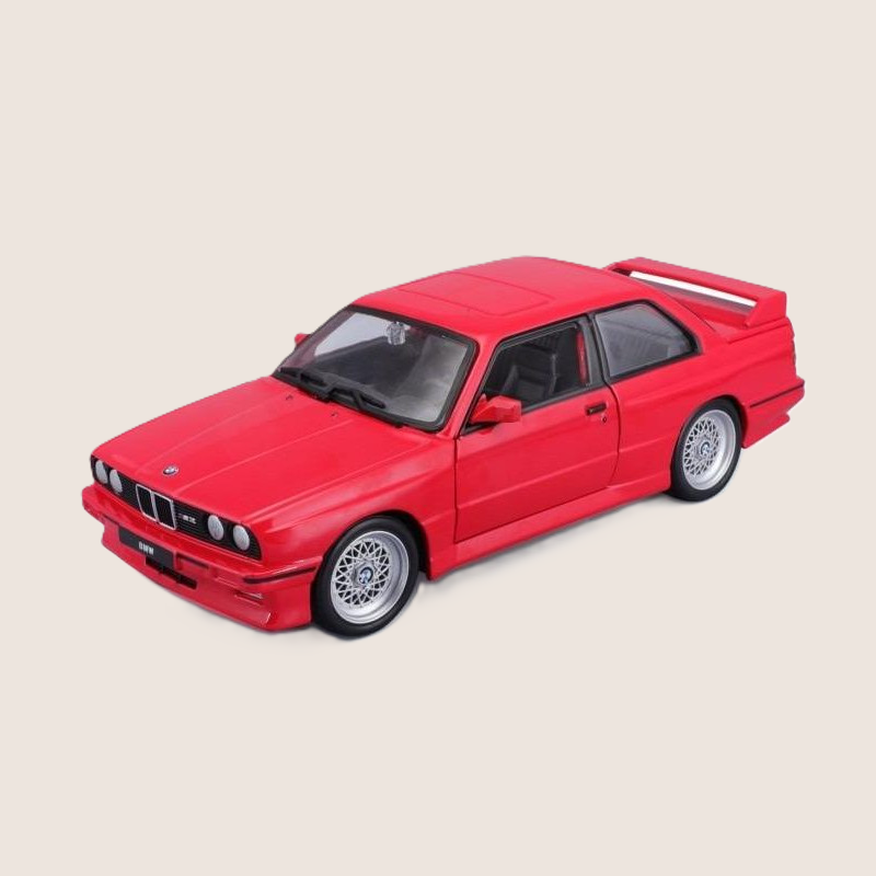 Bburago BMW M3 E30 1988 1:24 bilmodel i rød med detaljeret design og realistiske detaljer