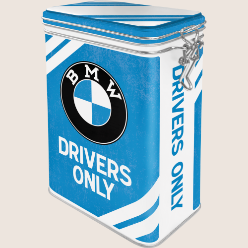 BMW Drivers Only Clip Top Dåse – Praktisk og dekorativ opbevaringsdåse i metal med clip-lukning og BMW-design. Perfekt til småting i hjemmet, på kontoret eller i garagen.
