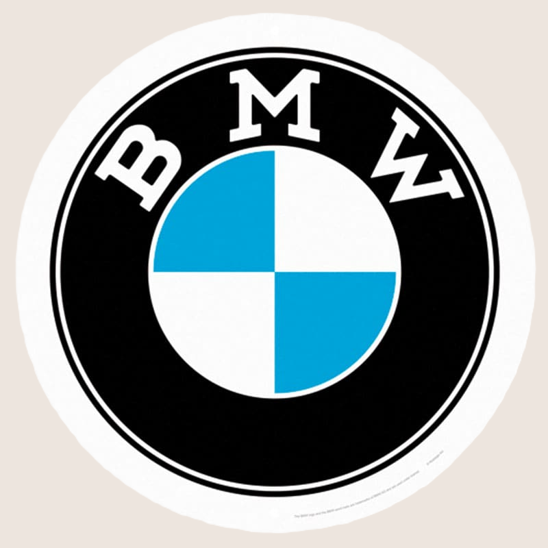 BMW rundt logo-skilt i metal med klassisk BMW-design