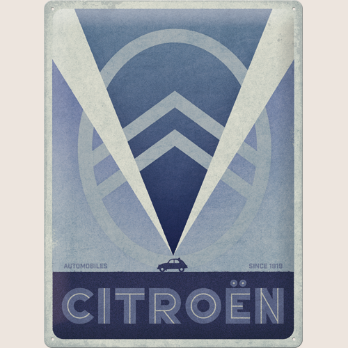 Citroën 2CV Logo Blue Tin Sign 30x40 cm – Retro metalskilt med ikonisk Citroën 2CV-logo i blåt design. Perfekt vægdekoration til garage, værksted eller samlere af franske klassikere.