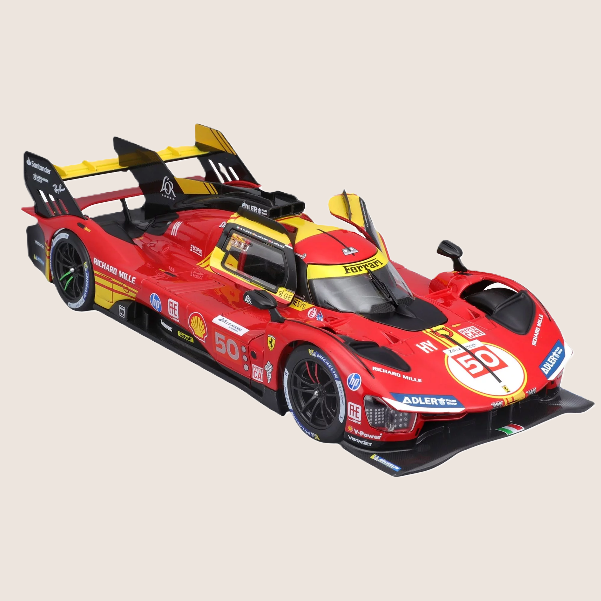 Bburago Ferrari 499P N°50 2024 1:18 – Diecast-model af Ferrari 499P Hypercar, vinder af 2024 24-timers Le Mans (#50 AF Corse) med åbne døre og motorhjelm. Skala 1:18, leveret med udstillingskasse. 