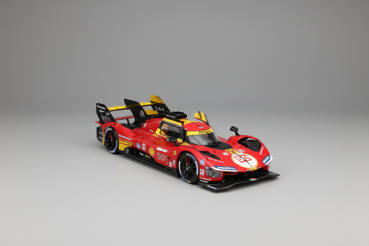 Bburago Ferrari 499P N°50 2024 1:18 – Diecast-model af Ferrari 499P Hypercar, vinder af 2024 24-timers Le Mans (#50 AF Corse) med åbne døre og motorhjelm. Skala 1:18, leveret med udstillingskasse. 