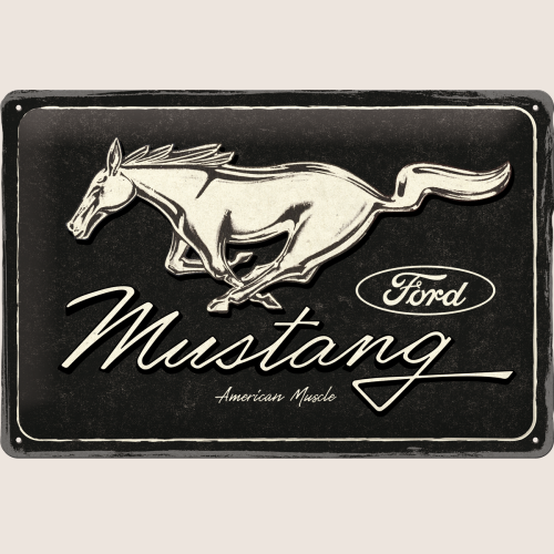 Ford Mustang Horse Logo Skilt Sort 20x30 cm – Metalskilt med ikonisk Mustang-logo i sort design. Perfekt retro-vægdekoration til garage, værksted eller bilsamlerens rum.