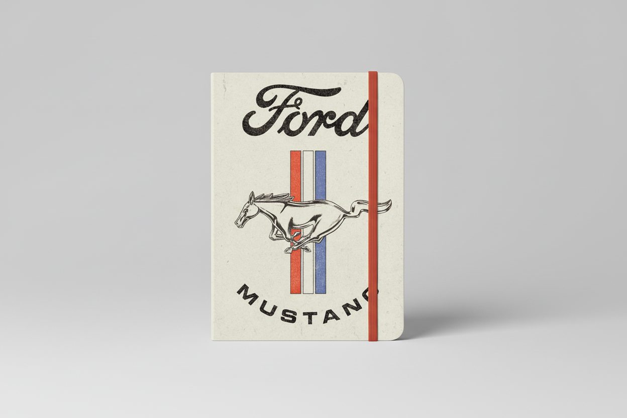 Ford Mustang "Horse and Stripes" Notebook fra Nostalgic Art – stilfuld notesbog med klassisk Mustang-motiv, perfekt til bilentusiaster og fans af amerikansk bilkultur.