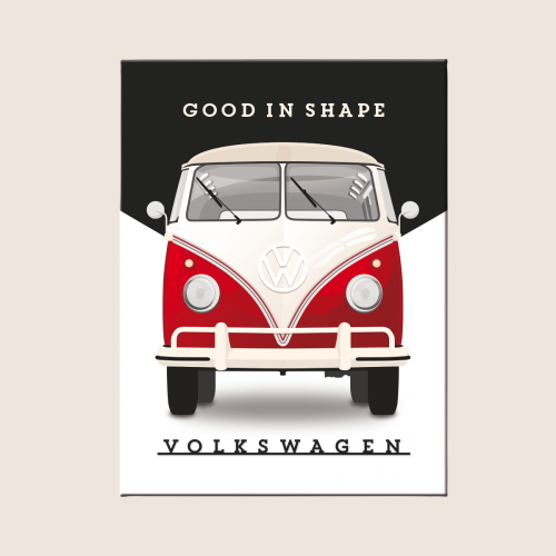 Volkswagen “Good in Shape” Magnet – rektangulær metalmagnet (6×8 cm) med ikonisk rød VW Bulli, sort/hvid baggrund og sloganet “Good in Shape”. En nostalgisk og officiel VW-accessory fra Nostalgic Art, ideel til dekoration af metaloverflader som køleskab eller garage
